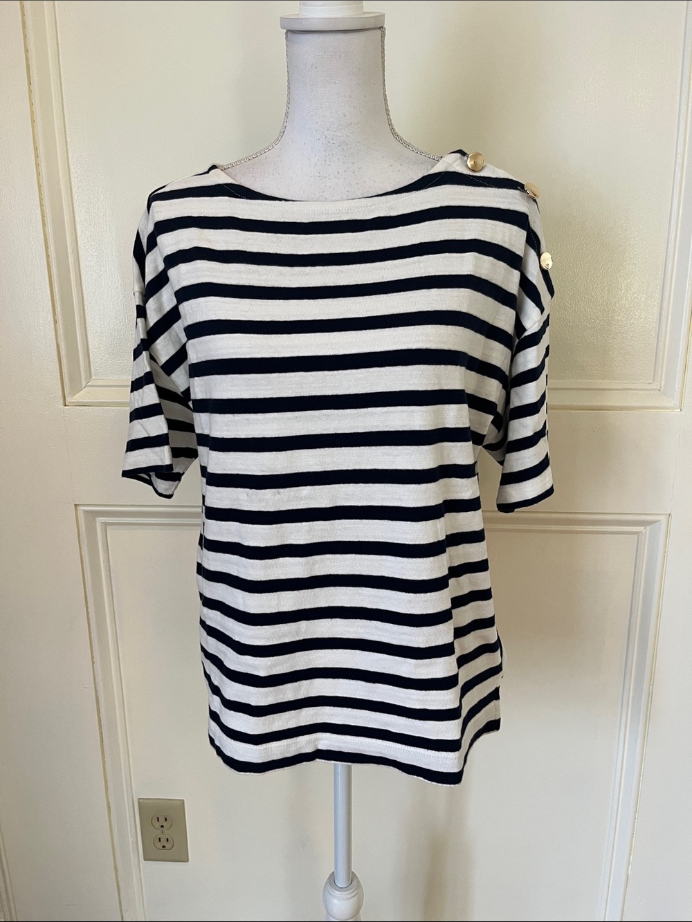 LOFT Navy and White Striped Boatneck Top with Shoulder Buttons